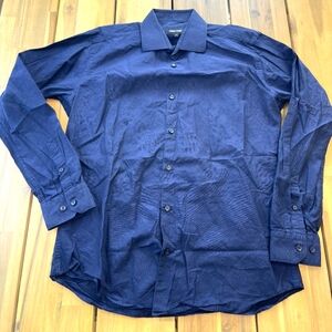 Jared Lang Men's Navy Blue White Button Down‎ Cotton Dress Shirt Size Medium